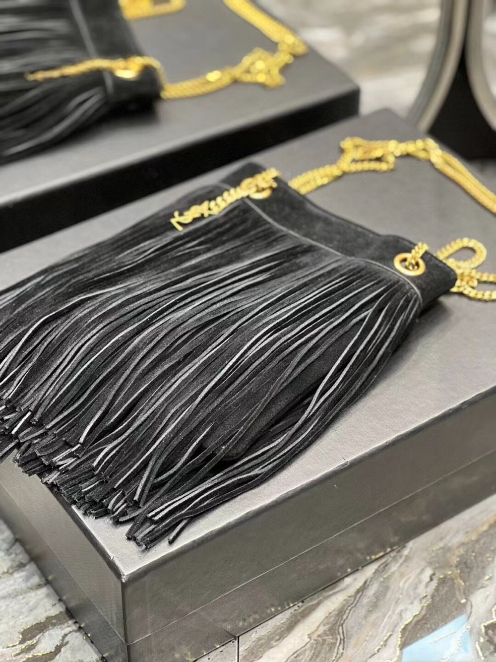 SAINT LAURENT SMALL CHAIN BAG IN LIGHT SUEDE WITH FRINGES 683378 BLACK