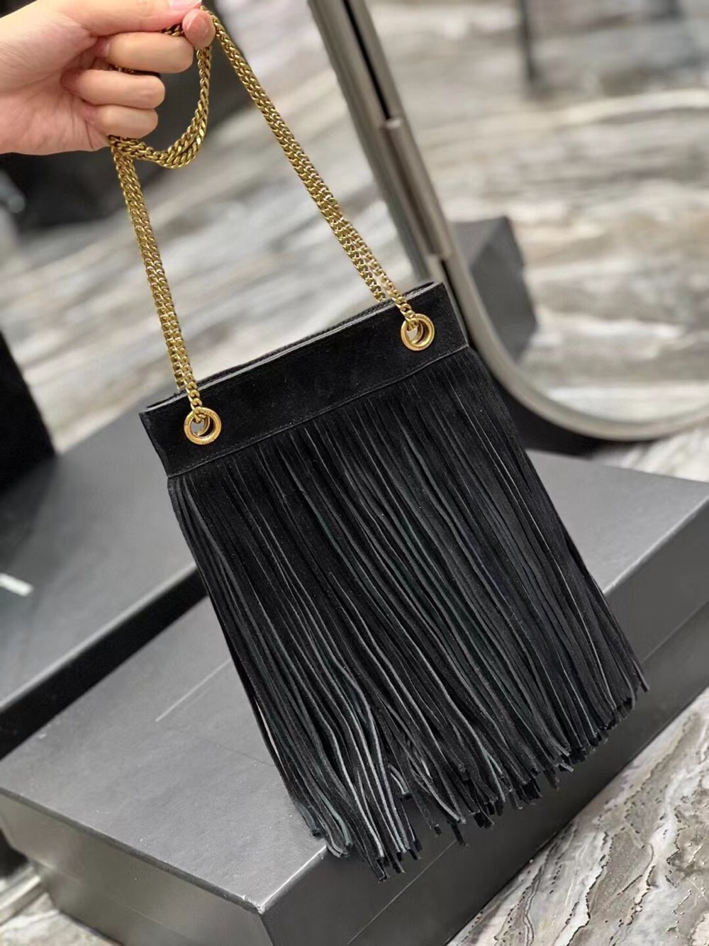 SAINT LAURENT SMALL CHAIN BAG IN LIGHT SUEDE WITH FRINGES 683378 BLACK