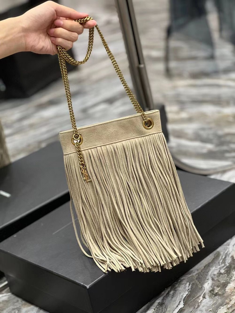 SAINT LAURENT SMALL CHAIN BAG IN LIGHT SUEDE WITH FRINGES 683378 GRAY