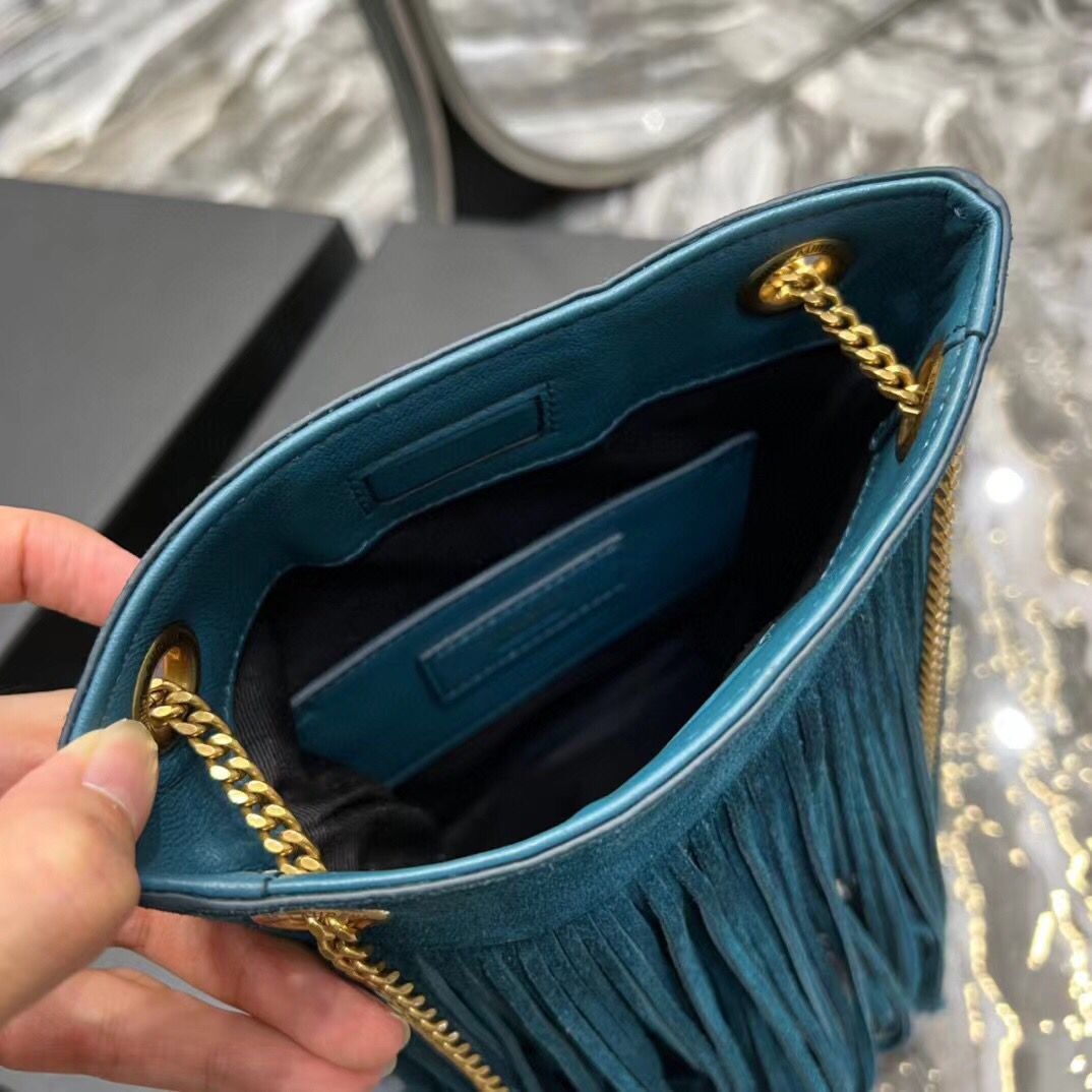 SAINT LAURENT SMALL CHAIN BAG IN LIGHT SUEDE WITH FRINGES 683378 blue