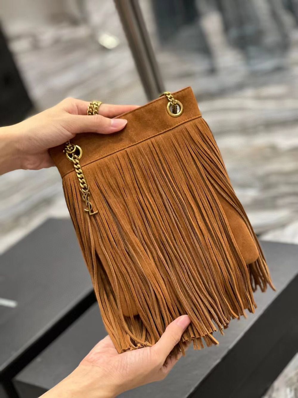 SAINT LAURENT SMALL CHAIN BAG IN LIGHT SUEDE WITH FRINGES 683378 brown