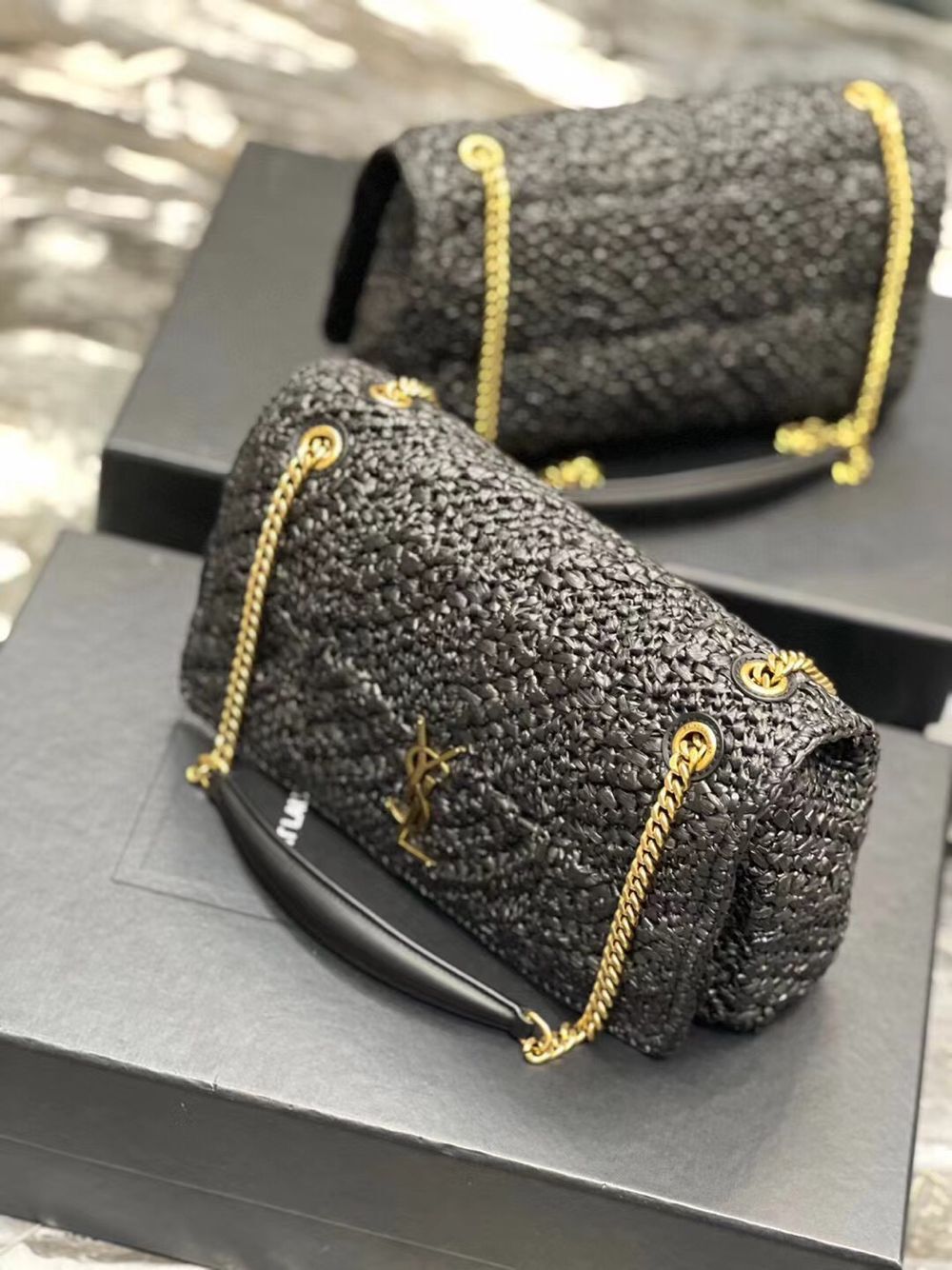 SAINT LAURENT JAMIE MEDIUM CHAIN BAG CARRE RIVE GAUCHE IN CROCHET RAFFIA AND SMOOTH LEATHER 515821 BLACK