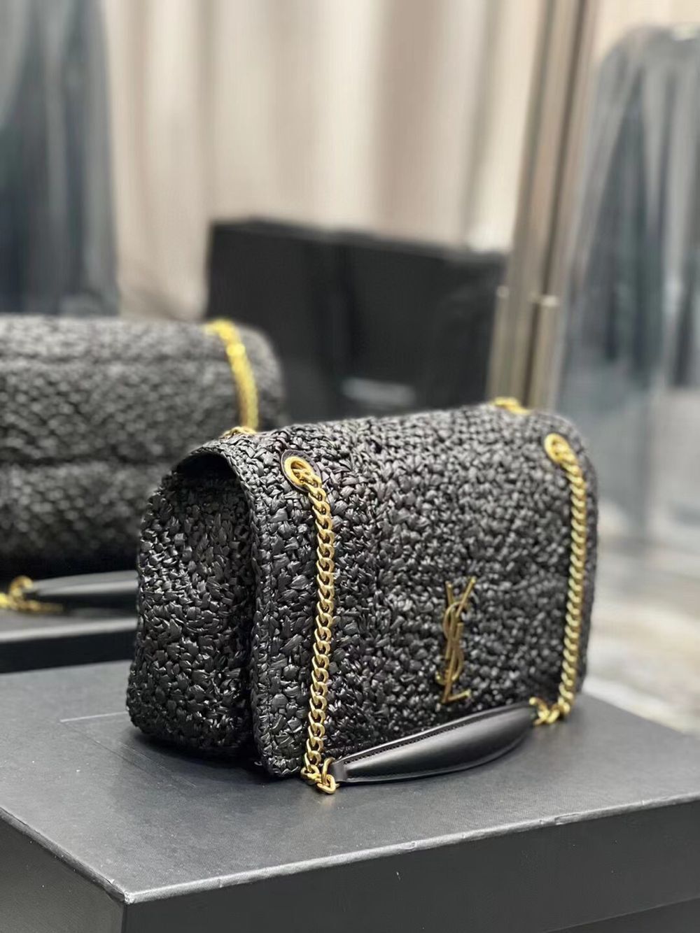 SAINT LAURENT JAMIE MEDIUM CHAIN BAG CARRE RIVE GAUCHE IN CROCHET RAFFIA AND SMOOTH LEATHER 515821 BLACK