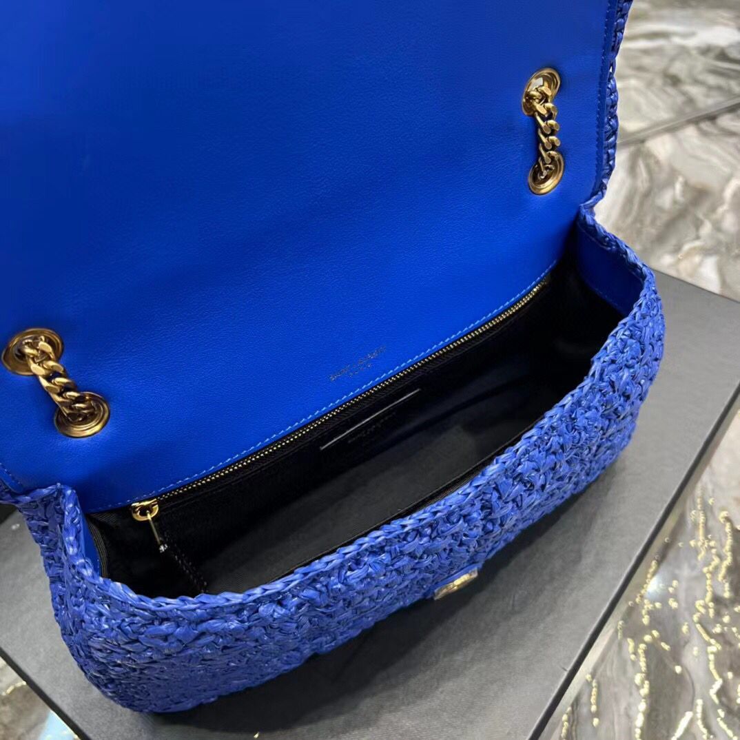 SAINT LAURENT JAMIE MEDIUM CHAIN BAG CARRE RIVE GAUCHE IN CROCHET RAFFIA AND SMOOTH LEATHER 515821 BLUE