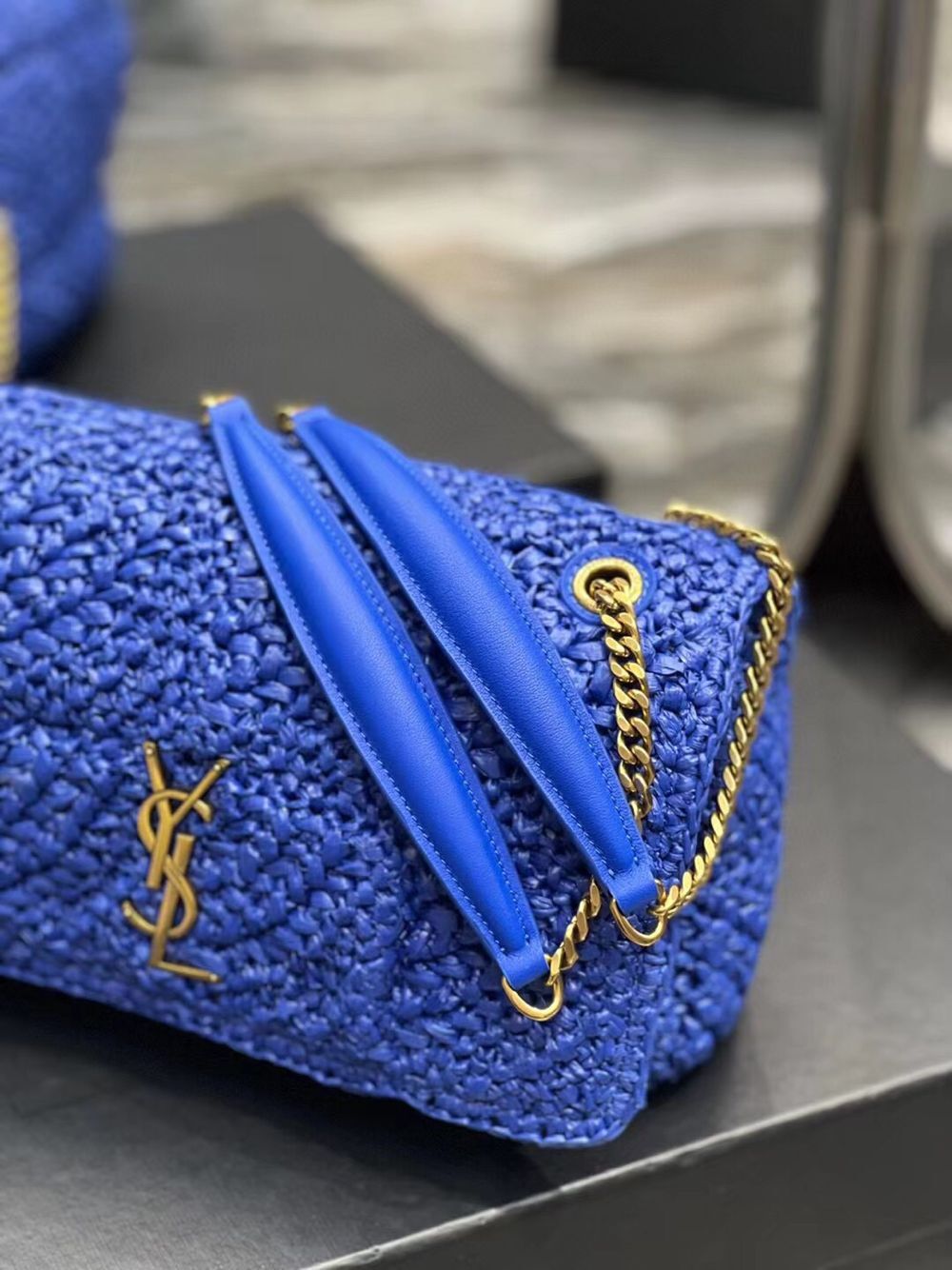 SAINT LAURENT JAMIE MEDIUM CHAIN BAG CARRE RIVE GAUCHE IN CROCHET RAFFIA AND SMOOTH LEATHER 515821 BLUE