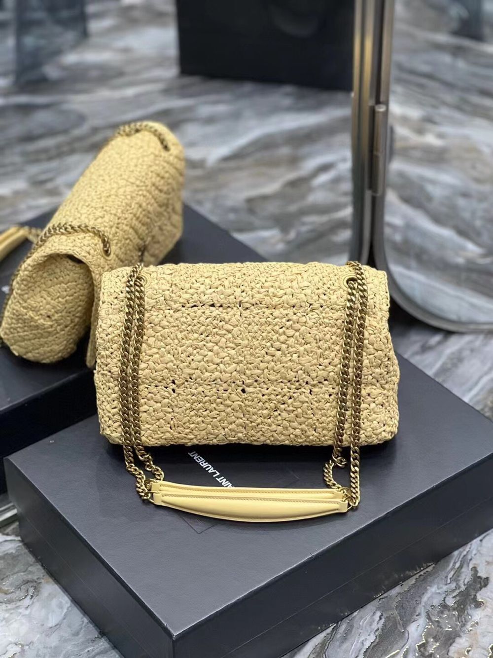 SAINT LAURENT JAMIE MEDIUM CHAIN BAG CARRE RIVE GAUCHE IN CROCHET RAFFIA AND SMOOTH LEATHER 515821 NATUREL