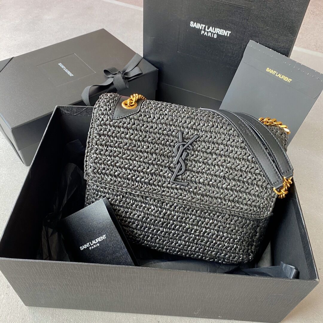 SAINT LAURENT NIKI MEDIUM CHAIN BAG IN RAFFIA 498894 BLACK