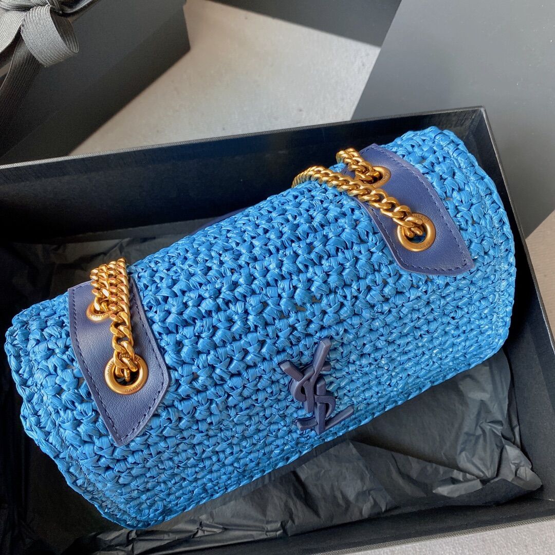 SAINT LAURENT NIKI SMALL CHAIN BAG IN RAFFIA 498892 blue