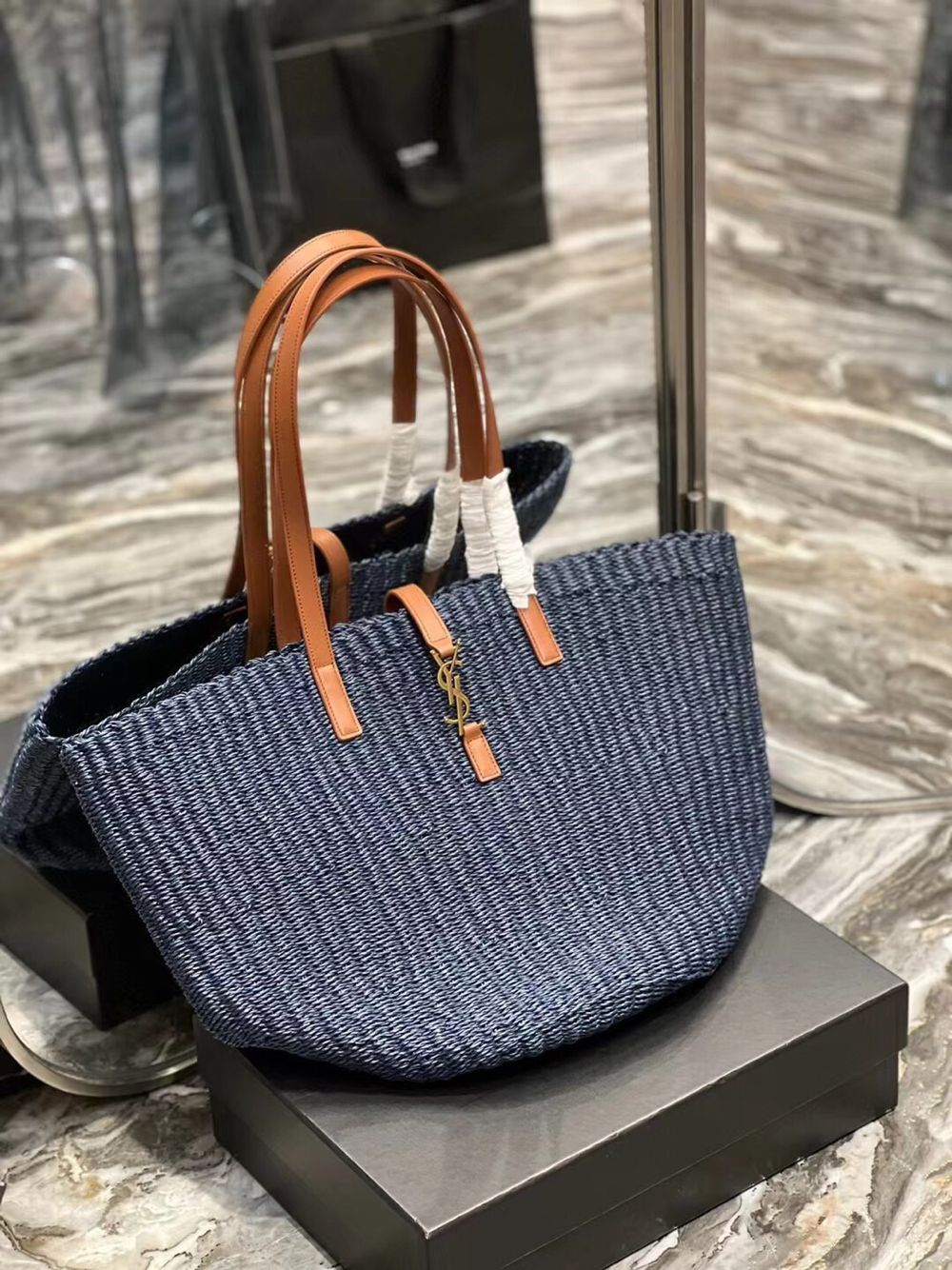 SAINT LAURENT PANIER MEDIUM BAG IN CROCHET RAFFIA AND SMOOTH LEATHER 688221 dark blue