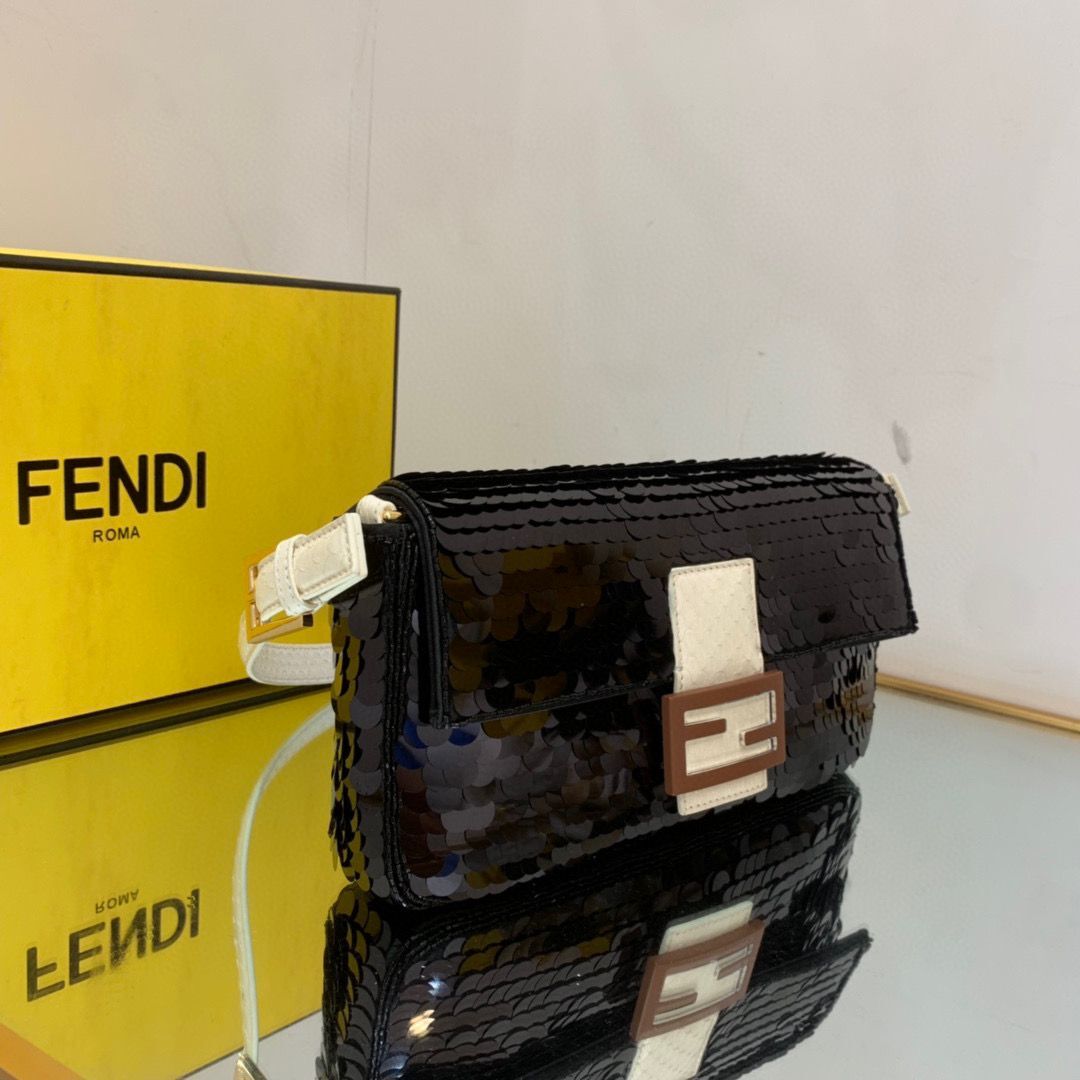 Fendi FF Baguette Gold Metal Sequin Embroidery Bag 2017 Black