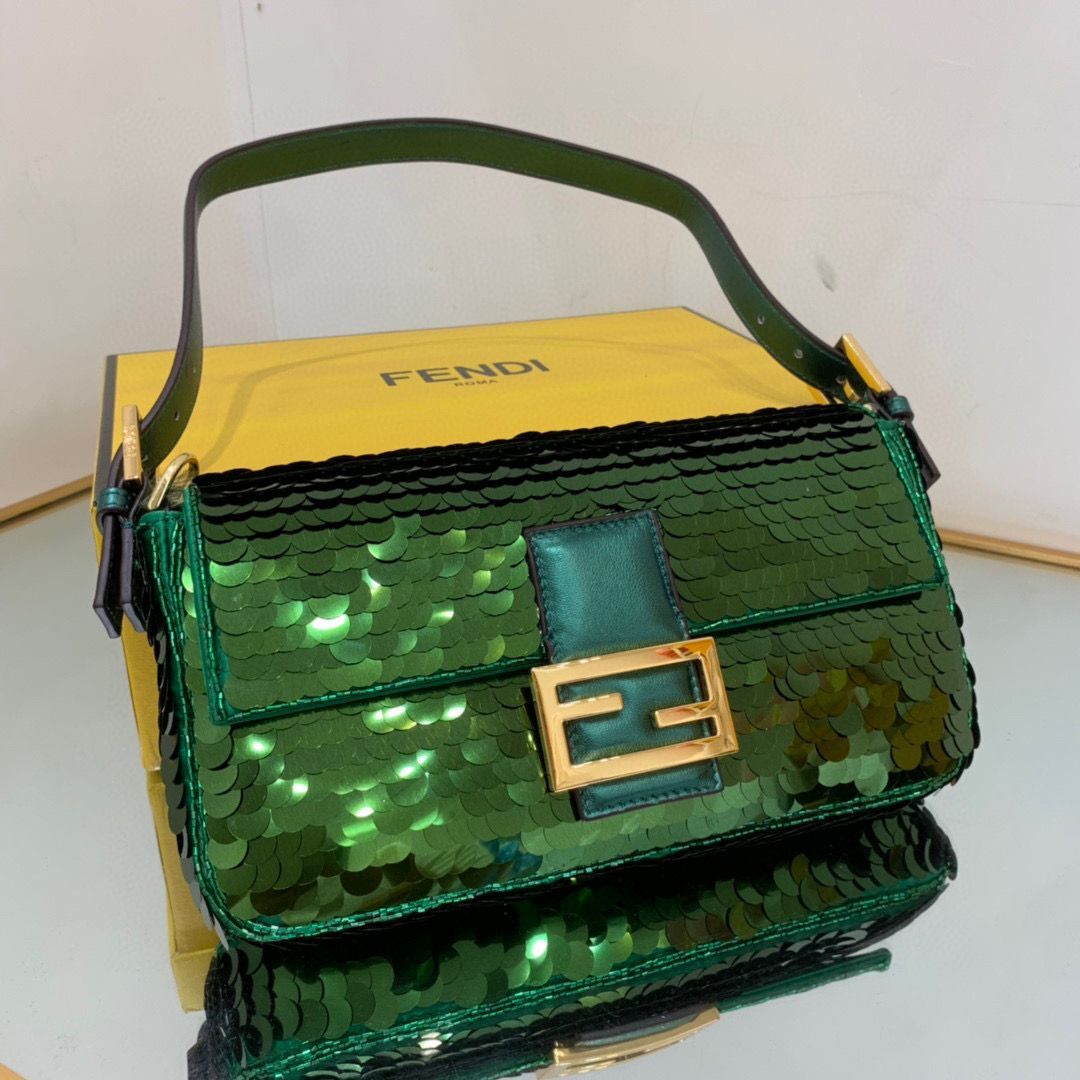 Fendi FF Baguette Gold Metal Sequin Embroidery Bag 2017 Green