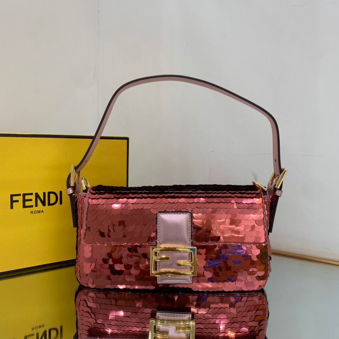 Fendi FF Baguette Gold Metal Sequin Embroidery Bag 2017 Wine