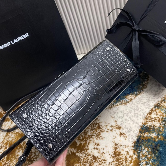 SAINT LAURENT CASSANDRA MEDIUM TOP HANDLE BAG IN CROCODILE-EMBOSSED SHINY LEATHER 623931 BLACK