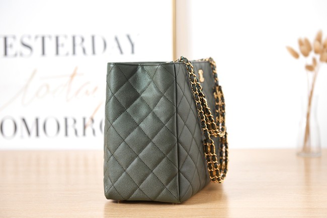 CHANEL Grained Calfskin & Gold-Tone Metal SHOPPING BAG AS3583 blackish green