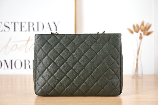 CHANEL Grained Calfskin & Gold-Tone Metal SHOPPING BAG AS3583 blackish green