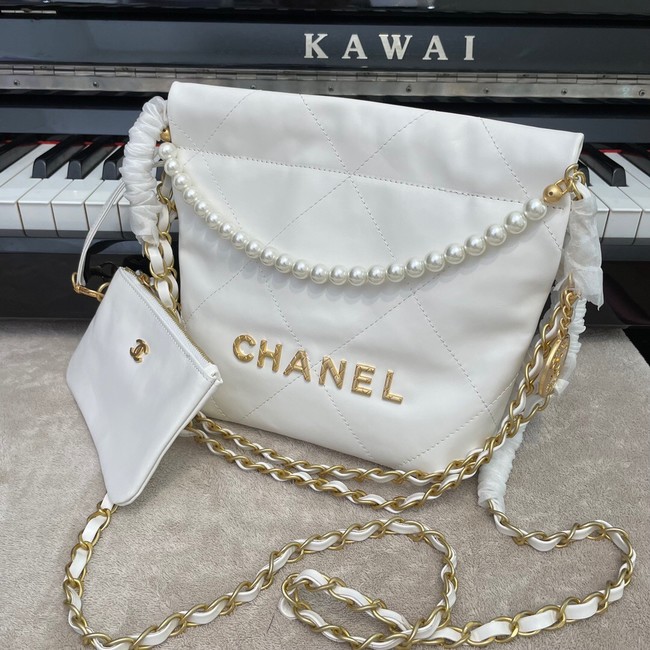 CHANEL MINI 22 HANDBAG Metallic Calfskin & gold Metal AS3989 WHITE