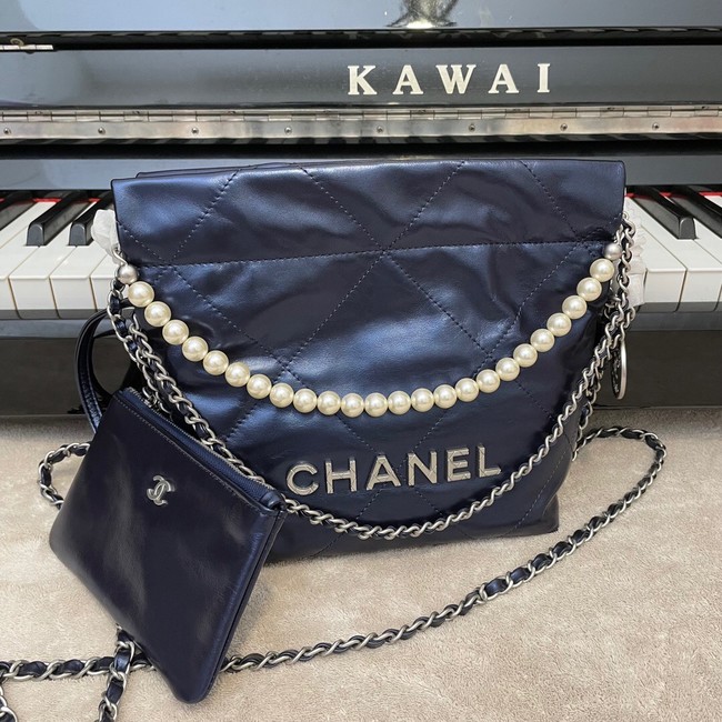 CHANEL MINI 22 HANDBAG Metallic Calfskin & Silver Metal AS3989 Royal blue