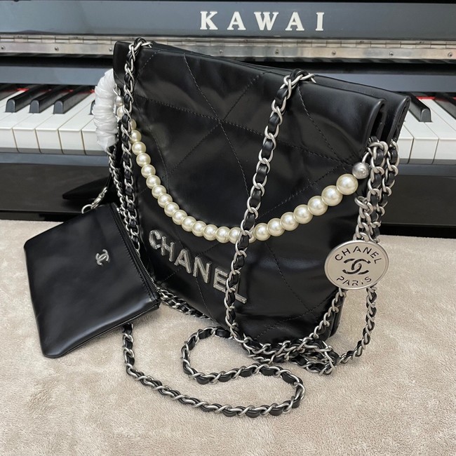 CHANEL MINI 22 HANDBAG Metallic Calfskin & Silver Metal AS3989 black