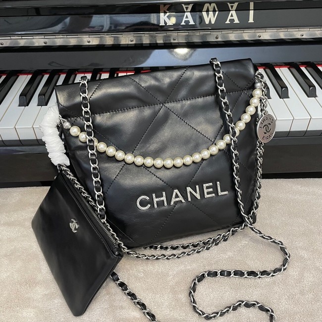 CHANEL MINI 22 HANDBAG Metallic Calfskin & Silver Metal AS3989 black