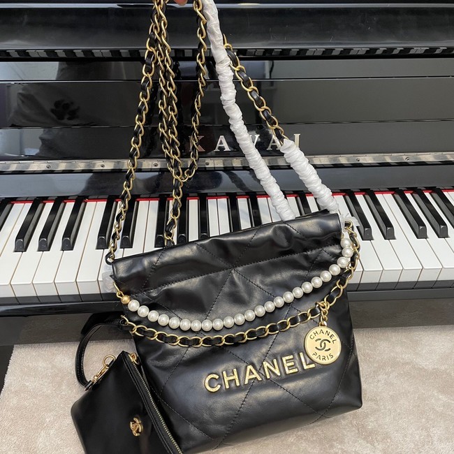 CHANEL MINI 22 HANDBAG Metallic Calfskin & gold Metal AS3989 black