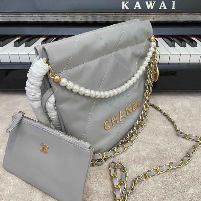 CHANEL MINI 22 HANDBAG Metallic Calfskin & gold Metal AS3989 gray