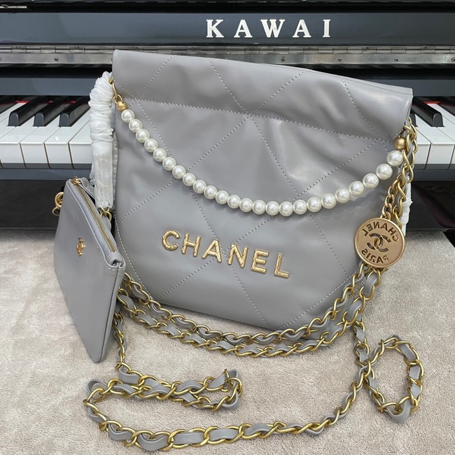 CHANEL MINI 22 HANDBAG Metallic Calfskin & gold Metal AS3989 gray