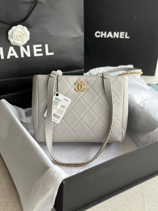 CHANEL Calfskin & Gold-Tone Metal AS3508 light gray