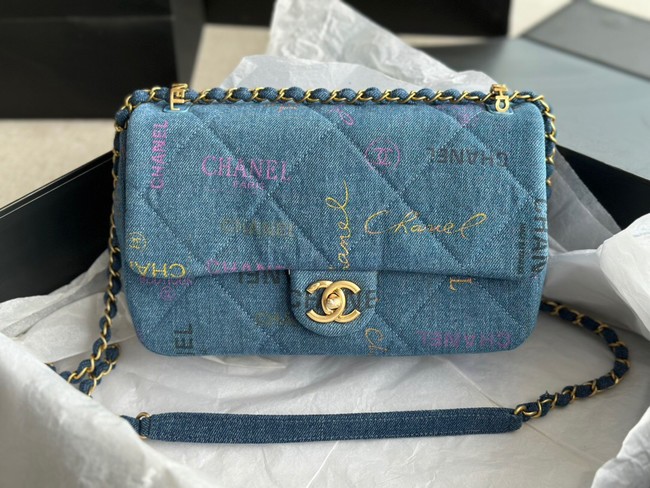 CHANEL Printed Denim & Gold-Tone Metal AS3134 blue