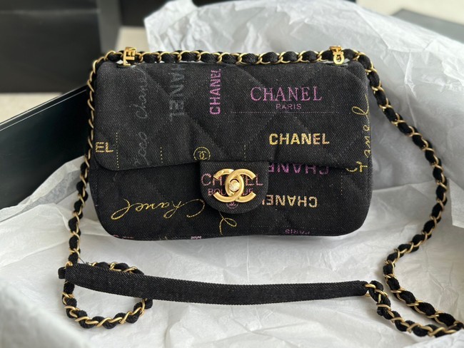 CHANEL Printed Denim & Gold-Tone Metal AS3135 black