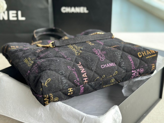 CHANEL Printed Denim & Gold-Tone Metal AS3136 black