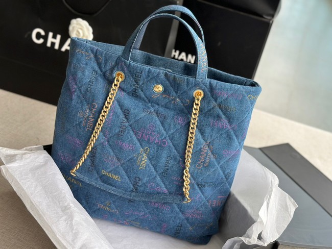 CHANEL Printed Denim & Gold-Tone Metal AS3136 blue