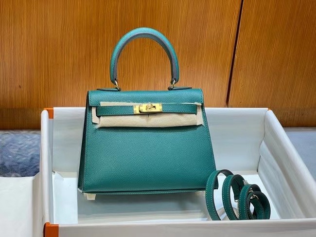 Hermes Kelly 20cm Shoulder Bags Epsom KL2750 Lake green&gold