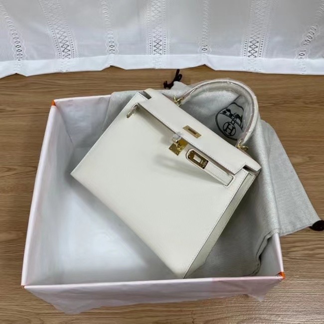 Hermes Kelly 25cm Shoulder Bags Epsom KL2755 white&gold