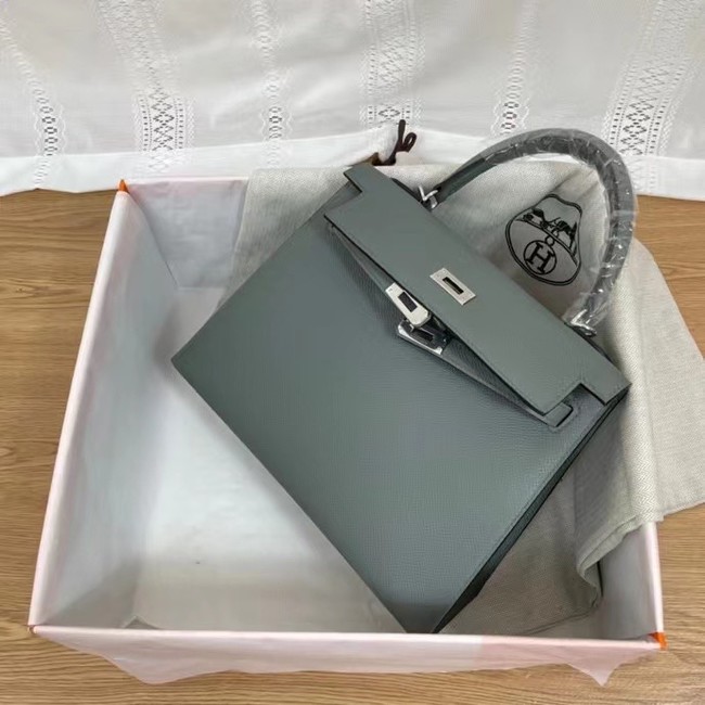 Hermes Kelly 25cm Shoulder Bags Epsom KL2755 Fog blue&silver-Tone Metal