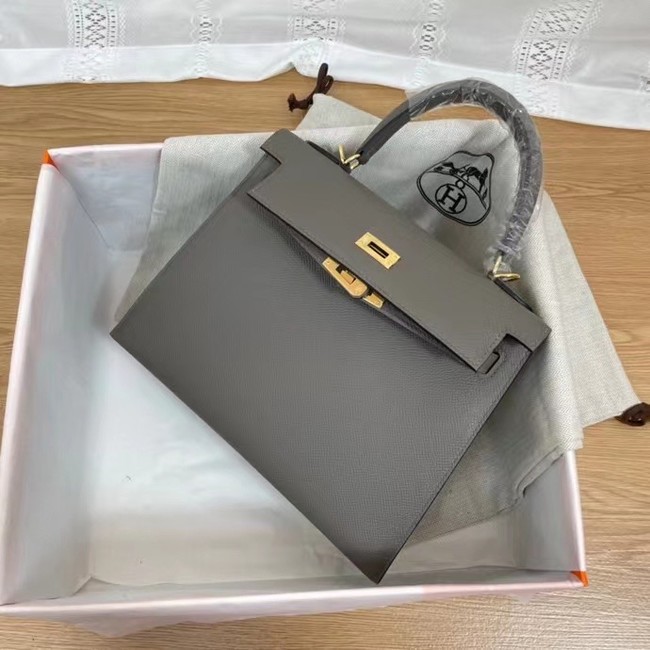 Hermes Kelly 25cm Shoulder Bags Epsom KL2755 dark grey&gold-Tone Metal