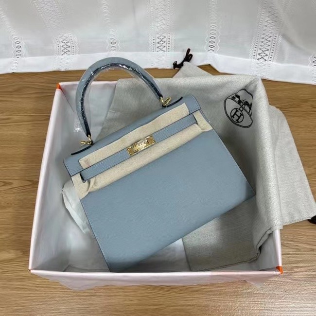 Hermes Kelly 25cm Shoulder Bags Epsom KL2755 light blue&gold-Tone Metal