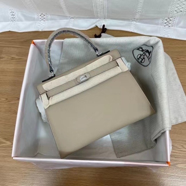 Hermes Kelly 25cm Shoulder Bags Epsom KL2755 light gray&silver-Tone Metal