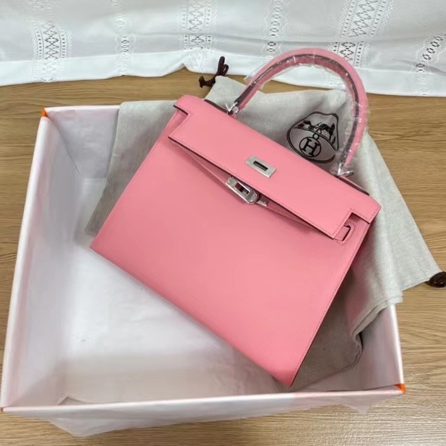 Hermes Kelly 25cm Shoulder Bags Epsom KL2755 pink&silver-Tone Metal