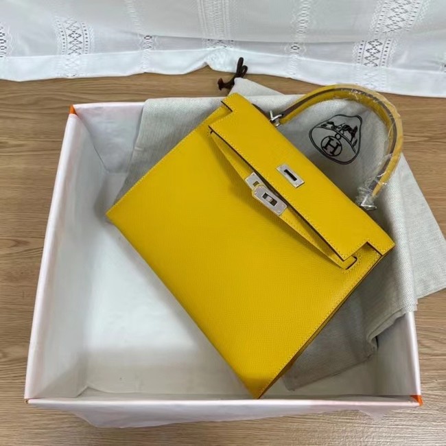 Hermes Kelly 25cm Shoulder Bags Epsom KL2755 yellow&silver-Tone Metal