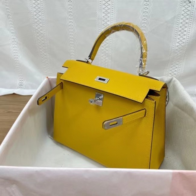 Hermes Kelly 25cm Shoulder Bags Epsom KL2755 yellow&silver-Tone Metal