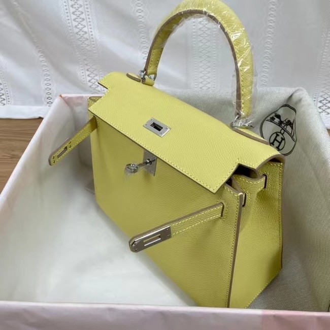 Hermes Kelly 25cm Shoulder Bags Epsom KL2755 yellow&silver-Tone Metal