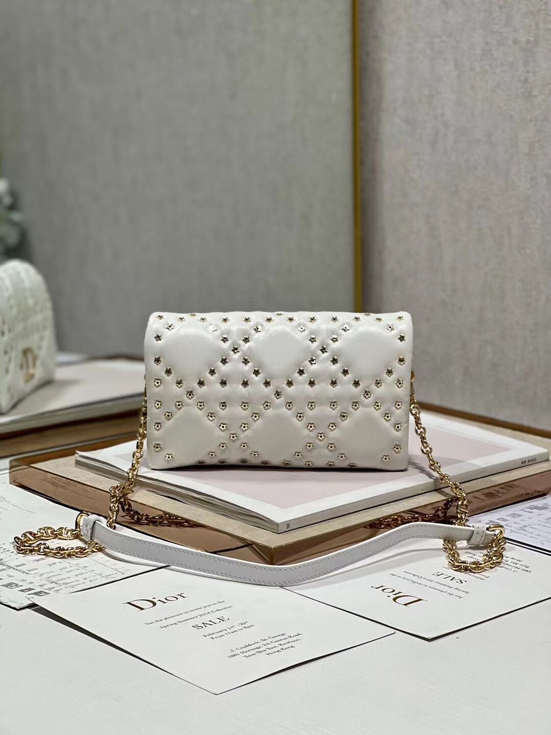 DIOR CARO MACROCANNAGE POUCH Macrocannage Calfskin with Star Motif S5135UNH white&gold