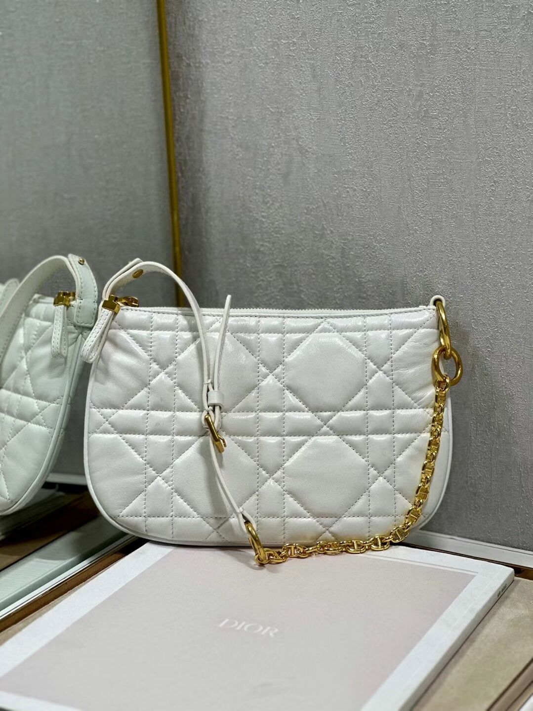 MINI DIOR CARO TULIP BAG Latte Quilted Macrocannage Calfskin S5139BF