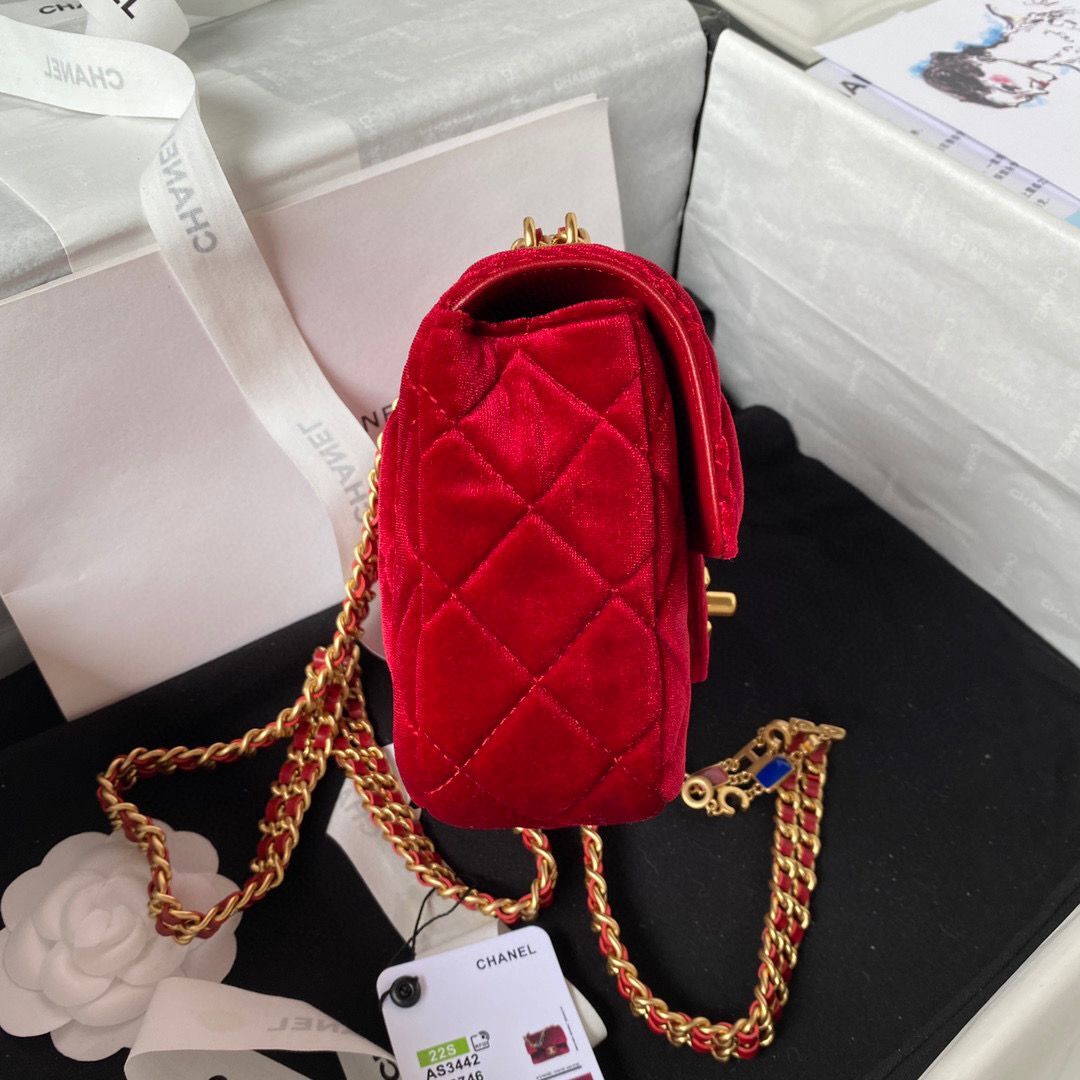 Chanel 22 MINI FLAP BAG Velvet & Gold-Tone Metal AS3442 Red