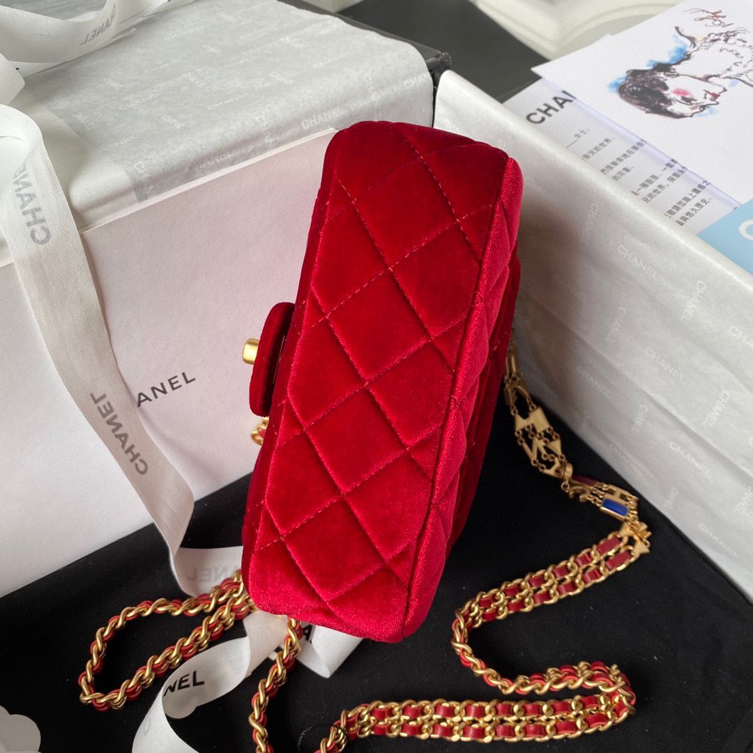 Chanel 22 MINI FLAP BAG Velvet & Gold-Tone Metal AS3442 Red