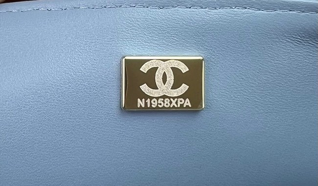 Chanel CLASSIC HANDBAG Printed Denim & Gold-Tone Metal A01112 Light Blue