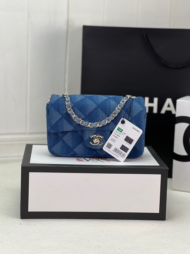 Chanel CLASSIC HANDBAG Printed Denim & Gold-Tone Metal A01116 Light Blue