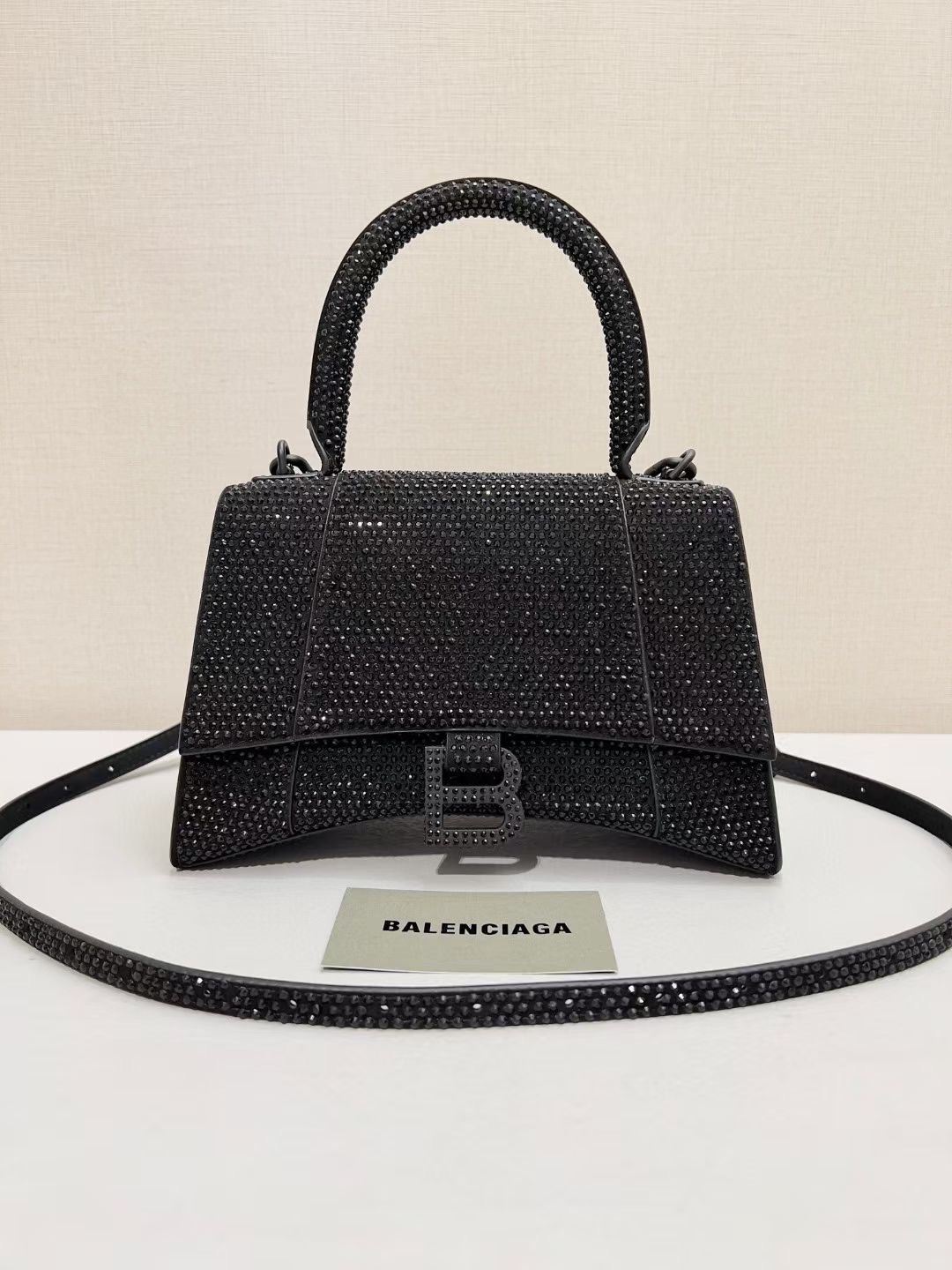 Balenciaga WOMENS HOURGLASS SMALL HANDBAG WITH RHINESTONES 592834 black