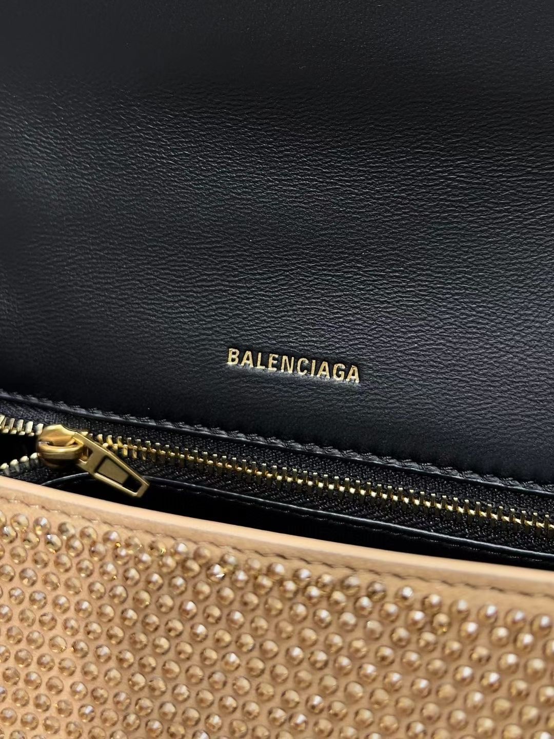 Balenciaga WOMENS HOURGLASS SMALL HANDBAG WITH RHINESTONES 592834 gold