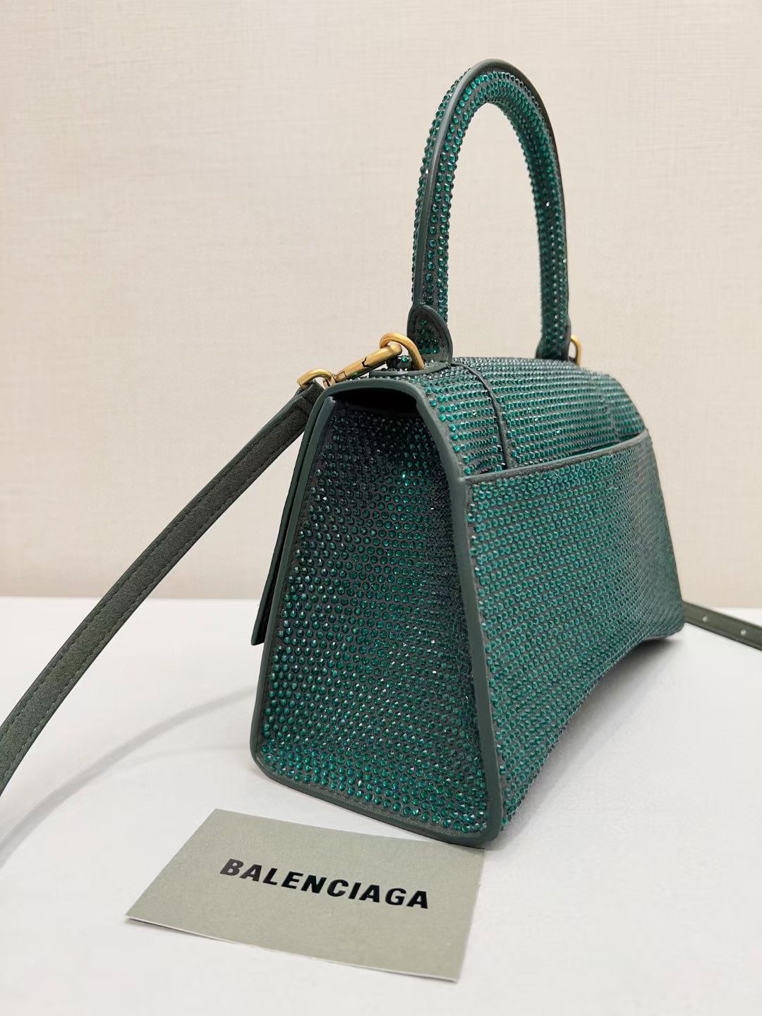 Balenciaga WOMENS HOURGLASS SMALL HANDBAG WITH RHINESTONES 592834 green